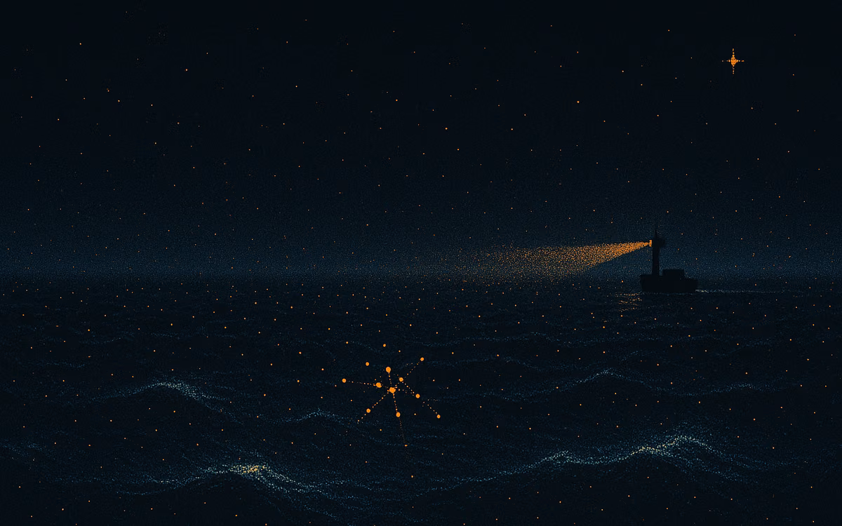 Scattered orange sparks across a dark dotted sea, a few drawn together into one bright knot near a ship. Artwork from The Demand Compass.